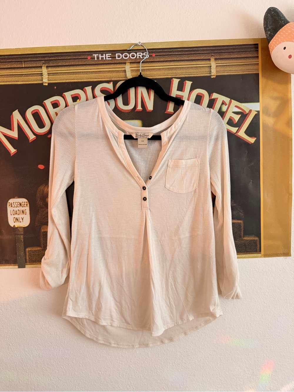 Lucky Brand Light Pink Button-Placket Pocket Long Sleeve Top